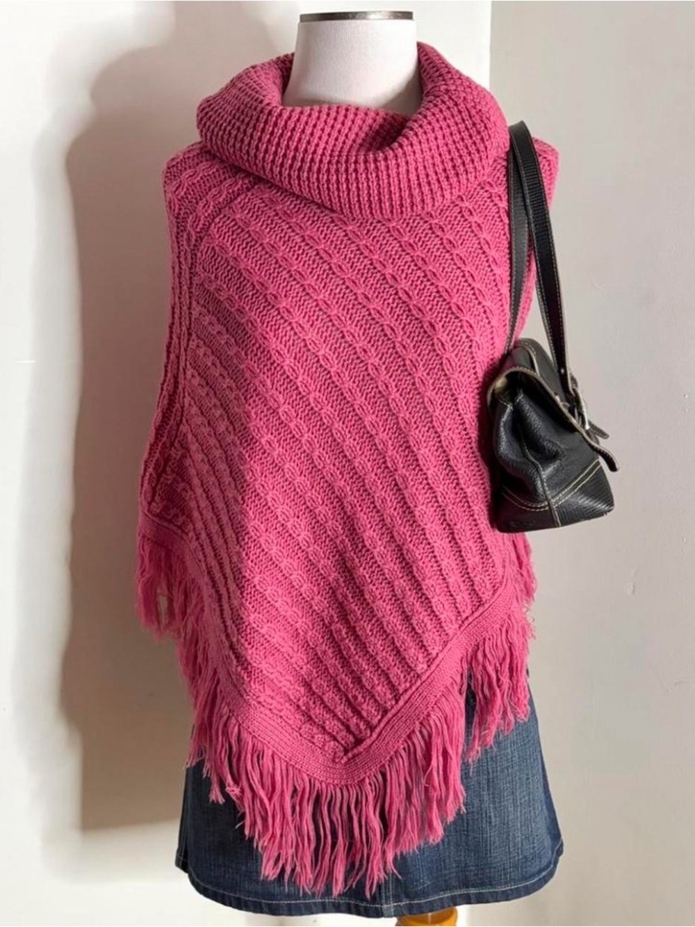 Women’s Pink Turtleneck Fringe Knit Poncho Sweater